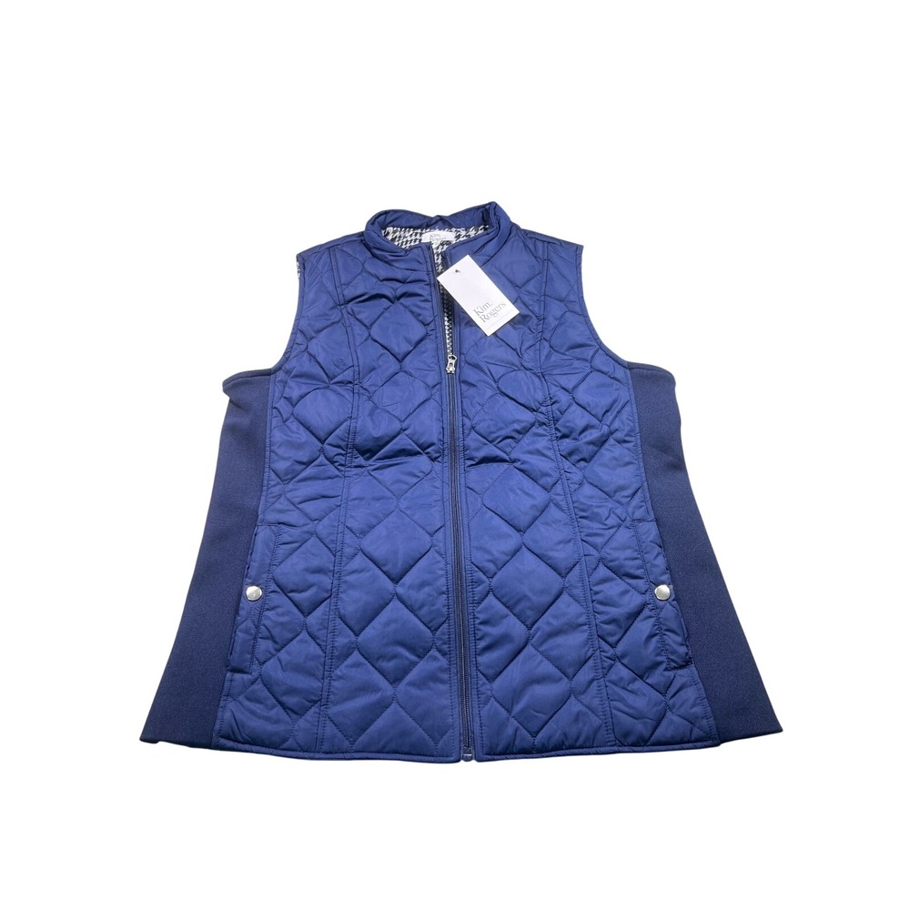 Kim Rogers Quilted Vest Womens Medium Blue Full Zip Stretch Sides NWT